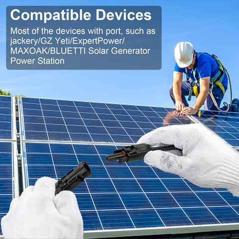 Person installing solar panel using Heavy Duty 3 Foot 10AWG Solar Extension Cable with male and female connectors under sun