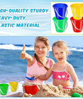 Two children playing with 24 Piece Neon Beach Bucket Set For Kids With 5 Inch Buckets at the beach.