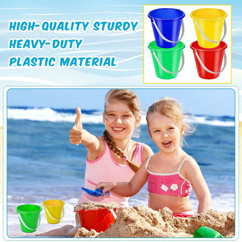 Two children playing with 24 Piece Neon Beach Bucket Set For Kids With 5 Inch Buckets at the beach.