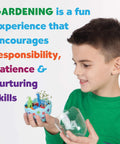 Child holding Mini Garden Dinosaur Terrarium Kit For Kids A Fun Dinosaur Craft Toy And Science Kit For Boys Ages Six And Up Grow Your Own Dino Egg Terrarium with plants.