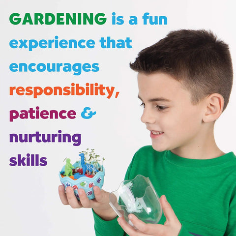Child holding Mini Garden Dinosaur Terrarium Kit For Kids A Fun Dinosaur Craft Toy And Science Kit For Boys Ages Six And Up Grow Your Own Dino Egg Terrarium with plants.