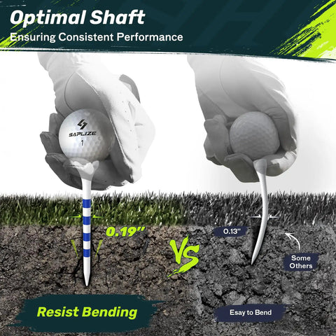 Pro Grade Durable Plastic Golf Tees 120 Pack One And One Half Inch And Three And One Quarter Inch With Reinforced Four Prong Head Design Reducing Friction And Side Spin Perfect Gift For Golfers Blue in action