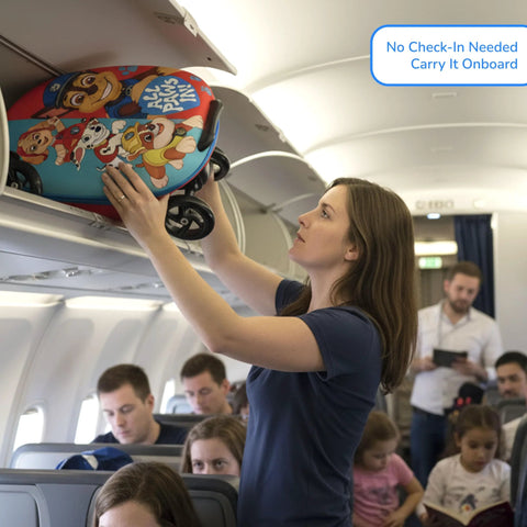 Paw Patrol ride-on luggage for kids in red/blue case with character art being loaded into an airplane overhead bin.