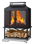 Metal Outdoor Fireplace For Patio And Backyard 39 Inch Square Chiminea Fire Pit Wood Burning With Grill Mesh and logs