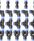 16mm Push To Connect Pneumatic Fittings Kit With 20 Pieces Including 5 Splitters 5 Elbows 5 Tees And 5 Straights For Fast Hookups Easy Install High Pressure Resistance 0 To 145 PSI And 32 To 140 F Plastic Push In Connectors