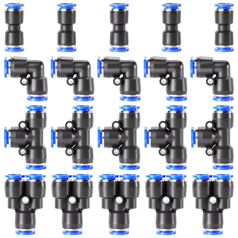16mm Push To Connect Pneumatic Fittings Kit With 20 Pieces Including 5 Splitters 5 Elbows 5 Tees And 5 Straights For Fast Hookups Easy Install High Pressure Resistance 0 To 145 PSI And 32 To 140 F Plastic Push In Connectors