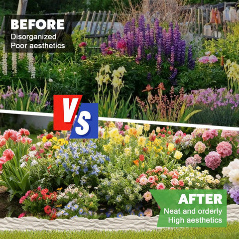 Before and after using Heavy Duty Plastic Garden Edging Border Kit With 20 Ft Flexible No Dig Borders And 20 Anchoring Stakes