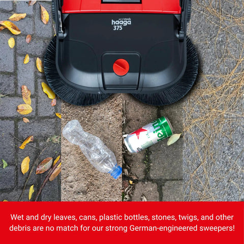 Heavy Duty Turbo Hand Sweeper With Dual Disc Brushes And Beltless Drive Works Like A Super Champ Crushing Fine Dust And Grime Across A 75 Centimeters Sweep Path on various debris.