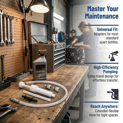 Hustle Free Lower Unit Gear Oil Pump With Sweet Precision Eight Cubic Centimeter Per Stroke Fits Standard Quart Jugs Featuring Three Eighth Inch Metal Swivel And Dual Adapters For Easy Outboard And Truck Differential Service on a workshop bench.