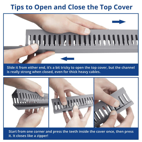 Hands demonstrating how to open the top cover of a 2x2 Inch Cable Management Raceway For Server Racks PVC Duct Kit