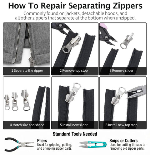 Steps to use 9 Piece Universal Zipper Repair Kit With Pulls And Stops For Jackets Luggage Backpacks And Outdoor Gear Grab And Go Quick Slider Replacement No Sew Fix In Three Sizes Small Medium Large Black And Silver