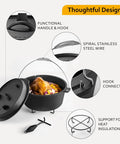 10 Qt Camping Dutch Oven with lid, metal handle, lid lifter, and stand showing design and functionality details.