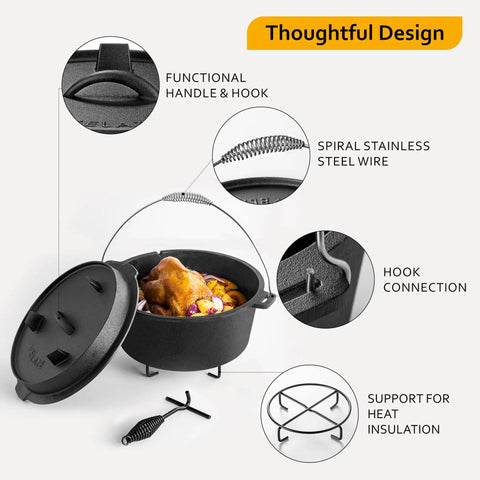 10 Qt Camping Dutch Oven with lid, metal handle, lid lifter, and stand showing design and functionality details.
