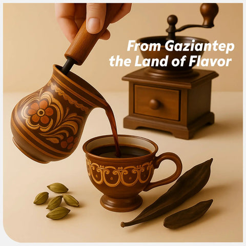 Pouring Turkish coffee from a cezve into a cup with a wooden grinder, cardamom, and carob pods beside it.