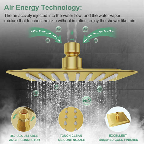 Close-up of Metal Shower Faucet Complete Bathroom Wall Mounted System With 6 Inch Rainfall Shower Head, Brushed Gold finish.
