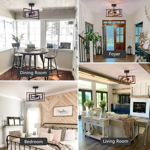 Dope Industrial Rectangle Flush Mount Ceiling Light With Rotatable Metal Frame In Rustic Faux Wood Finish in dining room and living spaces