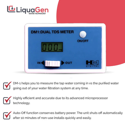 DM1 Dual TDS Meter with display and buttons, measures water purity for Beefed Up Commercial Grade Reverse Osmosis And Deionization Water Filtration System With Dual Booster Pumps And A 40 Gallon Tank Delivers Up To 800 GPD Of 0 TDS Purified Water For Labs, Restaurants And Industrial Use.