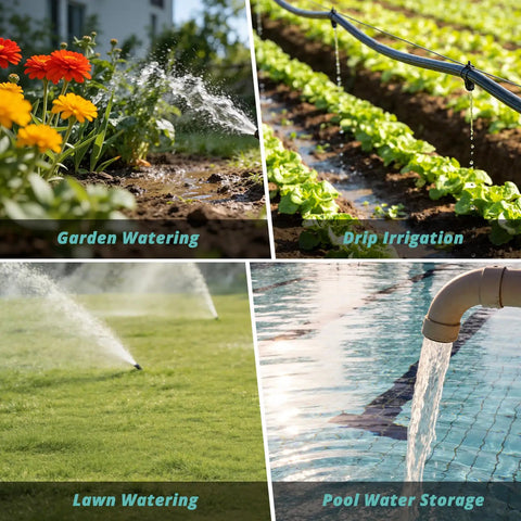 Brass Sprinkler Timer With Waterproof LCD Screen, Programmable Hose Watering System showing garden, drip, lawn, and pool irrigation.