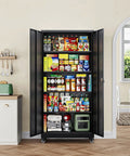 Durable Metal Garage Storage Cabinets with locking door and adjustable shelves filled with pantry items, black 75 inch tall