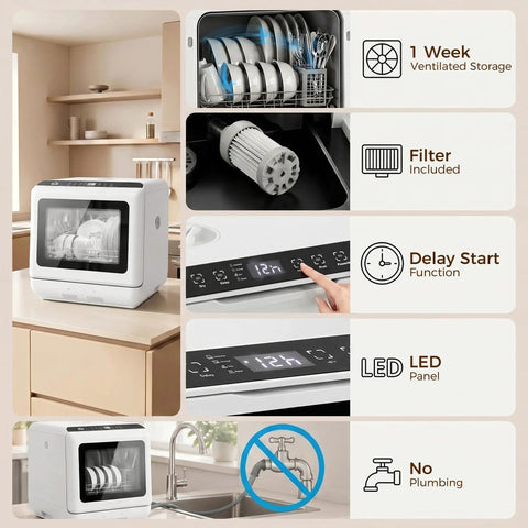 Game Changing Portable Countertop Dishwasher Featuring A Built In Water Tank And Five Wash Cycles To Run Slick And Spotlessly Clean Up To Twenty Eight Pieces For Tight Kitchens And Dorm Layouts with LED panel and filter.