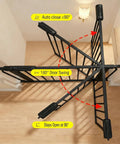 Top view of Extra Wide Baby Gate For Doorways And Stairs Tension Mounted Auto Close Walk Through Pet Gate In Black Metal, showing swing angles.