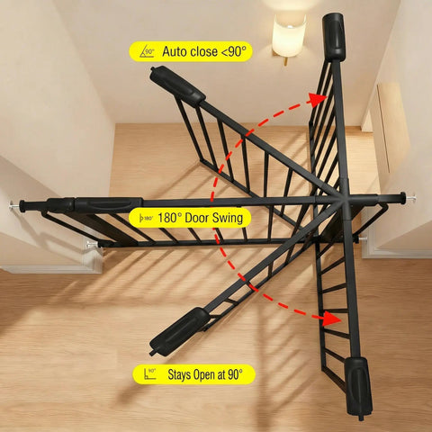 Top view of Extra Wide Indoor Baby Gate With Auto Close, Walk Through Pressure Mounted Safety Gate for Doorways and Stairs, Black Metal Pet Gate, Double Sided Design, Easy Install, Hold Open 90 Degree Feature, Large Openings showing door swing mechanics