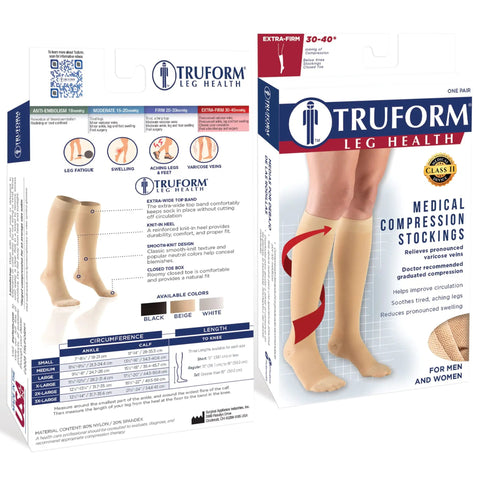 Top Shelf 30-40 Mmhg Graduated Compression Stockings Knee High Closed Toe Unisex Medical Support Hose displayed in packaging.