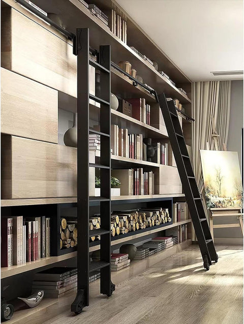 Rolling Ladder Hardware Kit With Metal Track System And Floor Rollers Black Finish No Ladder Included installed on bookshelf