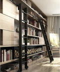 16-Foot Rolling Ladder Hardware Kit With Metal Track System And Floor Rollers in black finish installed on a wooden bookshelf