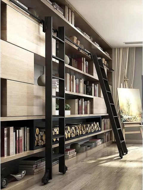 16-Foot Rolling Ladder Hardware Kit With Metal Track System And Floor Rollers in black finish installed on a wooden bookshelf