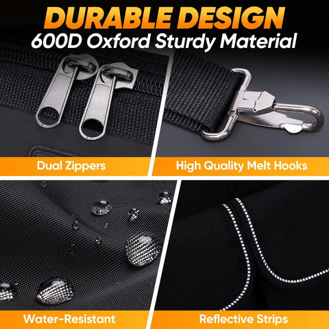 Close-up of Heavy Duty Tool Bag With Multi Pocket For Pros, Built From 600D Oxford Fabric, showing zippers, hooks, and water-resistant feature.