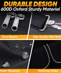 Heavy Duty Tool Bag With Multiple Pockets And Wide Mouth Opening showing dual zippers and water-resistant 600D Oxford material.