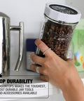 Rugged Plastic Mason Jar Screw Bands For Regular Mouth Lids Rust Free Replacement Rings food safe seal with coffee inside a glass jar.