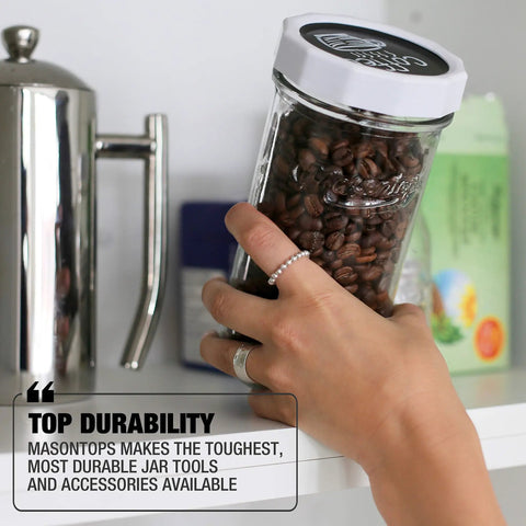 Rugged Plastic Mason Jar Screw Bands For Regular Mouth Lids Rust Free Replacement Rings food safe seal with coffee inside a glass jar.