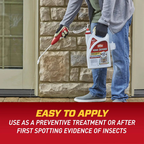 Person using Indoor And Perimeter Pest Control Spray With Comfort Wand For Home Defense Ready To Use Bug Killer outdoors.