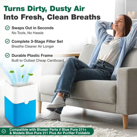 Woman relaxing by 4 Pack Replacement Particle And Activated Carbon Filters For 211 Plus Foldable Air Purifiers Compatible With 211 Series