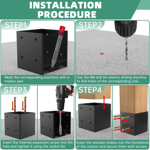Installation steps for Heavy Duty 4x4 Post Base Uses Concealed Fasteners And Hidden Bolts For Secure Outdoor Deck Railings.