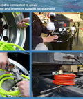 Heavy Duty Truck Tire Inflator Kit And Tough 3/8 X 50 Ft Hybrid Air Hose With Brass Fittings in use for tire inflation tasks.