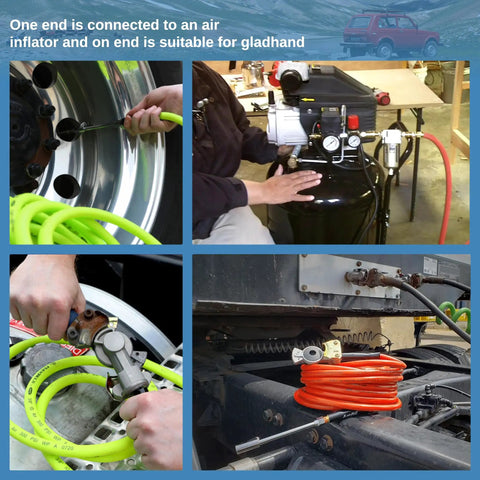 Heavy Duty Truck Tire Inflator Kit And Tough 3/8 X 50 Ft Hybrid Air Hose With Brass Fittings in use for tire inflation tasks.