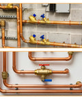 5-piece straight copper HVAC fittings; 3/8 in. ID; two-panel view of copper piping with blue valve handles and red brass valve