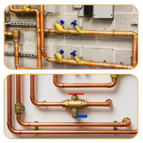 5-piece straight copper HVAC fittings; 3/8 in. ID; two-panel view of copper piping with blue valve handles and red brass valve