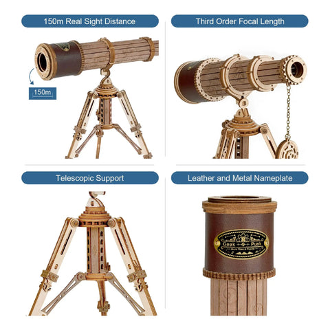 3D Wooden Monocular Puzzle Kit With Working Telescopic Tube DIY Science Model Build For Adults And Teens One To One Replica Monocular Dope Display Item Unique Gift For Curious Minds. wooden monocular on tripod, plywood with leather and metal nameplate