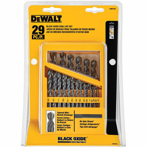 29 Piece Drill Bit Set High Speed Steel With 135 Degree Split Point Black Oxide Coating Optimized Helix Tapered Web For Durable Wood Metal Plastic 3 Flats Shank Size Markings Heavy Duty Kit
