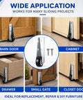 Two Piece Low Profile Caster Wheels With Rubber Non Slip Door Support Rollers Smooth Rolling Sliding Gate Glide Heavy Duty Silver Alloy Bottom Foot No Sweat Setup on a cabinet and barn door.