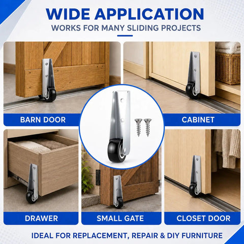 Two Piece Low Profile Caster Wheels With Rubber Non Slip Door Support Rollers Smooth Rolling Sliding Gate Glide Heavy Duty Silver Alloy Bottom Foot No Sweat Setup on a cabinet and barn door.