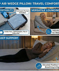 Chillax With This Awesome Adjustable Inflatable Wedge Pillow From Boyd Sleep, Featuring A Snazzy Electric Pump For Easy Air Control And Dual Chambers So You Can Recline In Total Comfort While Sleeping Or Just Hanging Out. Image showing travel packing and lounging options.