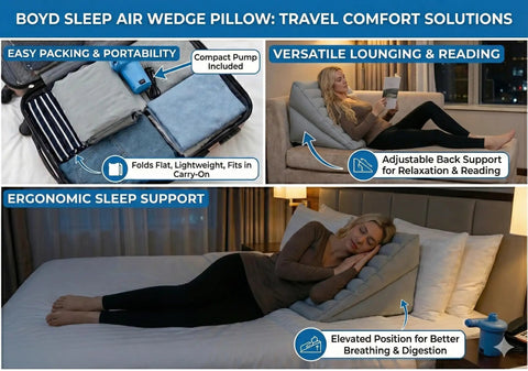 Chillax With This Awesome Adjustable Inflatable Wedge Pillow From Boyd Sleep, Featuring A Snazzy Electric Pump For Easy Air Control And Dual Chambers So You Can Recline In Total Comfort While Sleeping Or Just Hanging Out. Image showing travel packing and lounging options.