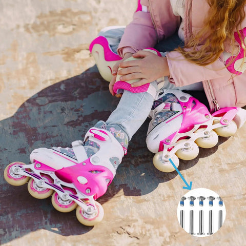 Child with pink rollerblades highlighting a Pro Inline Skate Repair Kit 30 Piece Set With 6mm Aluminum Axles Stepped Bearing Spacers.