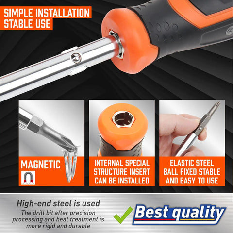 Close-up of 18 In 1 Multi Bit Screwdriver Set with ergonomic handle showing magnetic bits and special structure insert.
