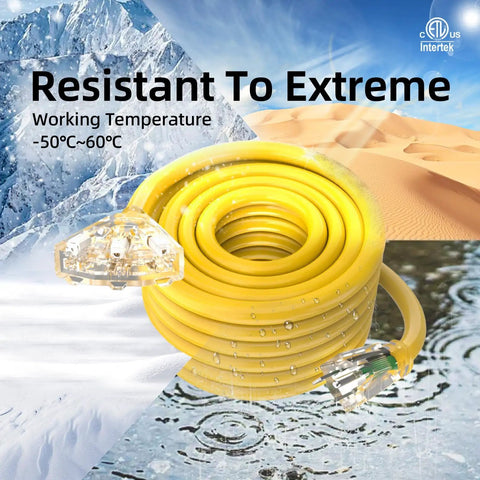 Heavy Duty Outdoor Extension Cord With Three Outlets And Lighted End 12 Gauge Waterproof SJTW Power Cable 15A 1875W Weatherproof